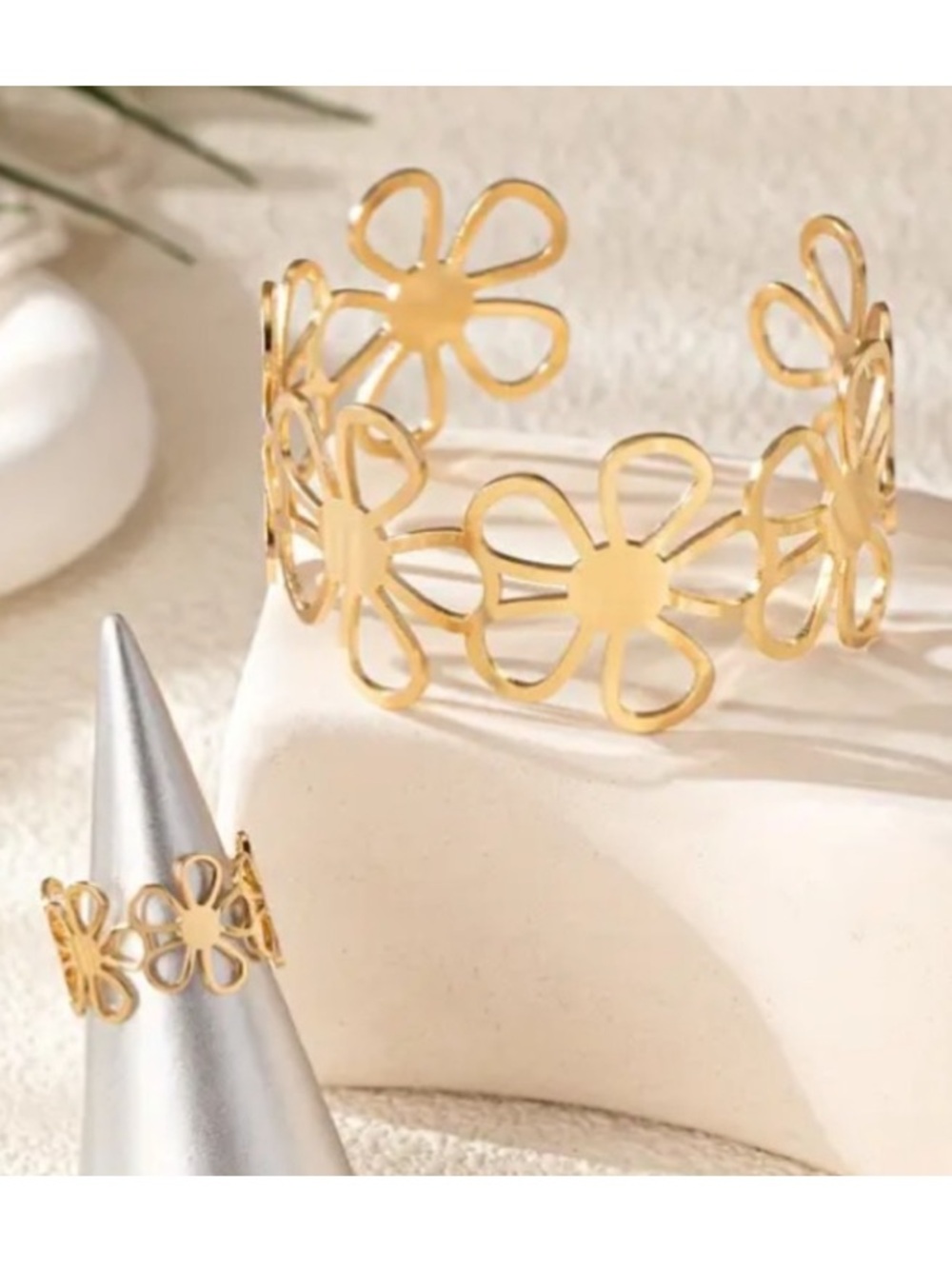 Flower Laser Cut Adjustable Gold Toned Cuff Bracelet & Ring Set